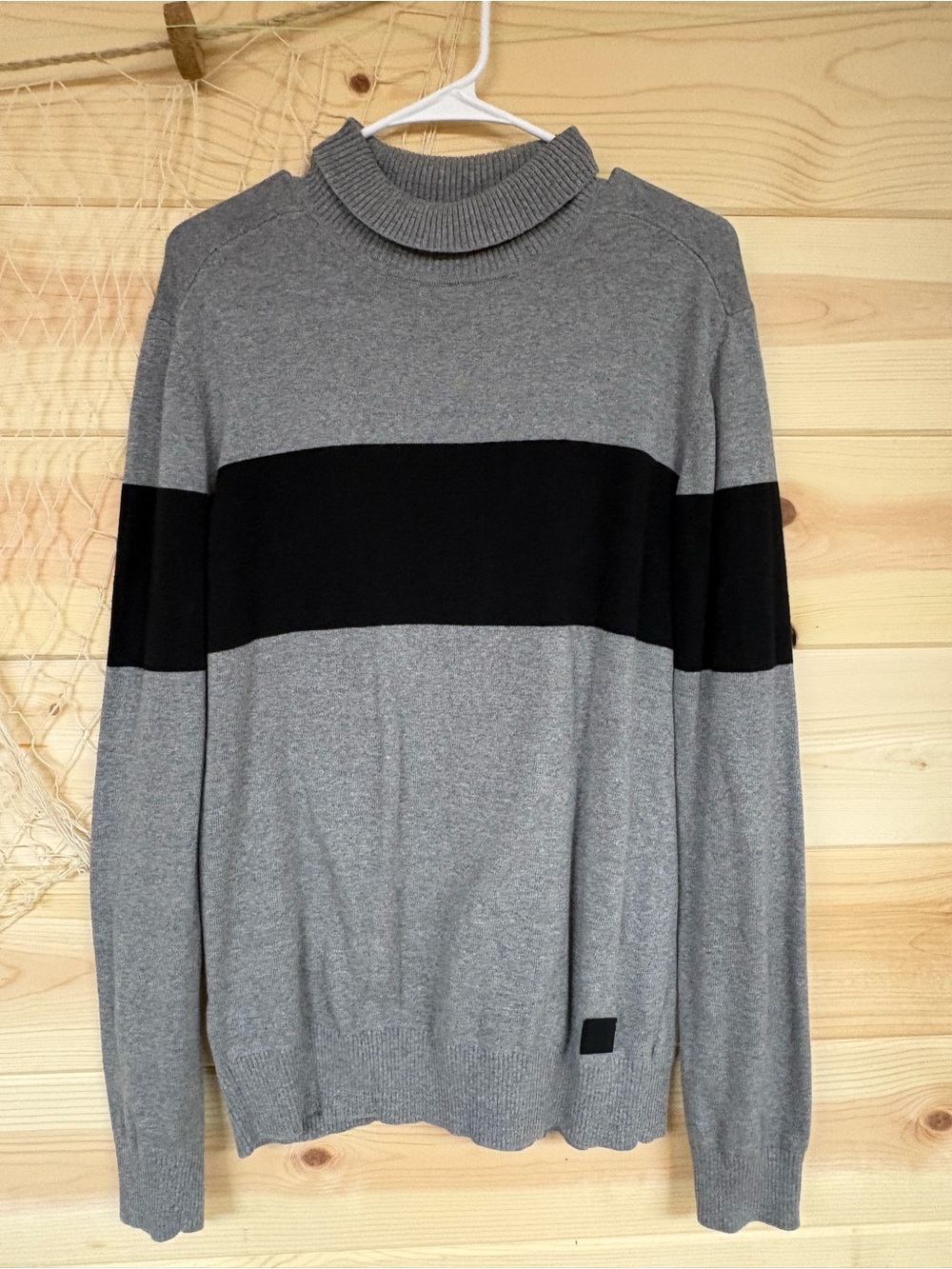 Guess Grey Sweater with Black Wide Stripe Turtleneck